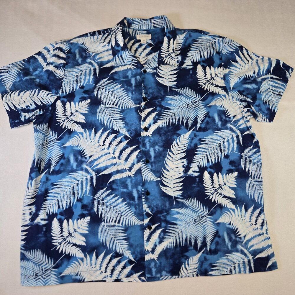 Mens XXL Hawaiian Shirt Blue White Palm Leaf Floral Button Down Tropical Beach
